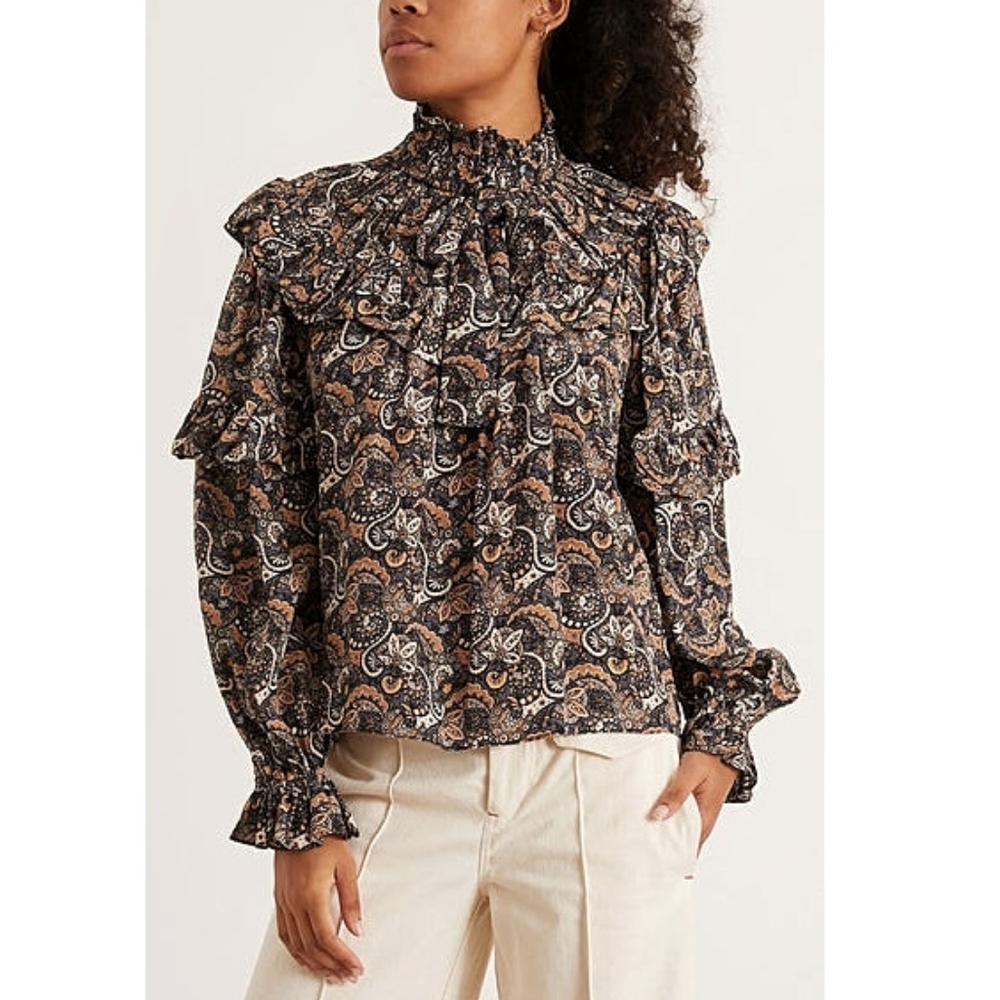 Ulla Johnson Margeurite Silk Paisley High Neck Romantic Balloon Sleeve Blouse